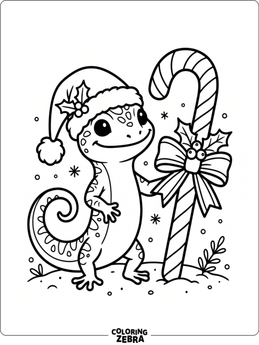 A lizard wearing a Santa hat beside a candy cane