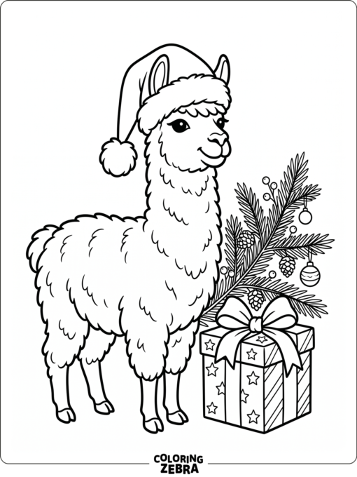 A llama in a Santa hat beside a gift