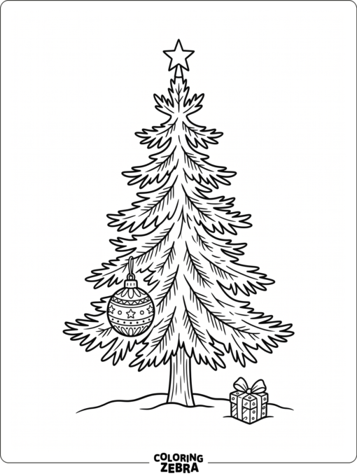Ett enkelt julgran med en julgransprydnad och en present