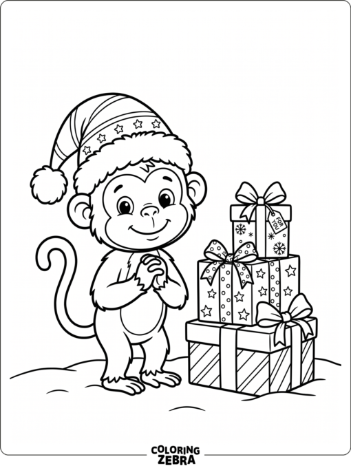 A monkey in a Santa hat beside wrapped gifts