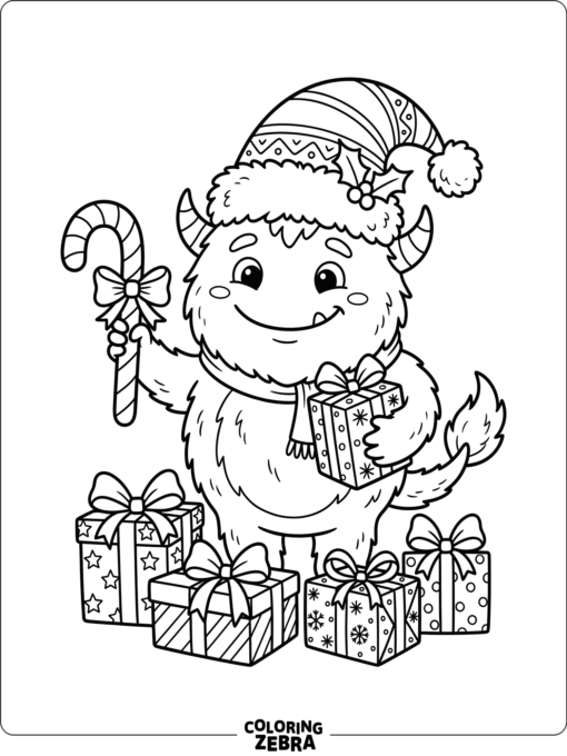 A monster wearing a Santa hat with holiday gifts