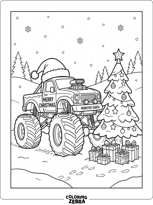 Monster truck wearing a Santa hat near wrapped gifts