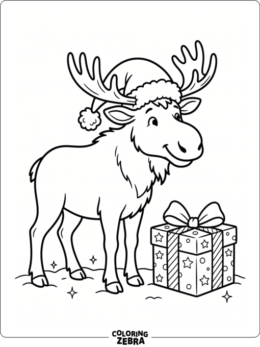 A moose in a Santa hat next to a gift box