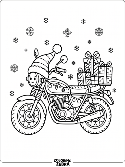 Motorcycle in a Santa hat beside holiday gifts