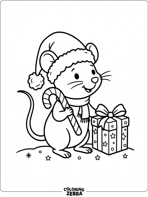 A mouse in a Santa hat holding a candy cane