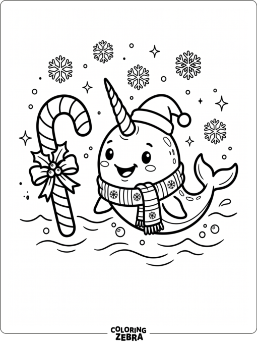 A narwhal in a scarf with candy canes and snowflakes