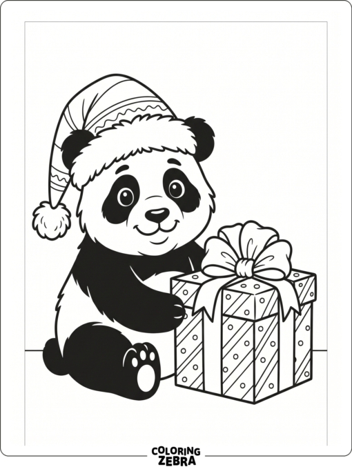A panda in a Santa hat beside a gift