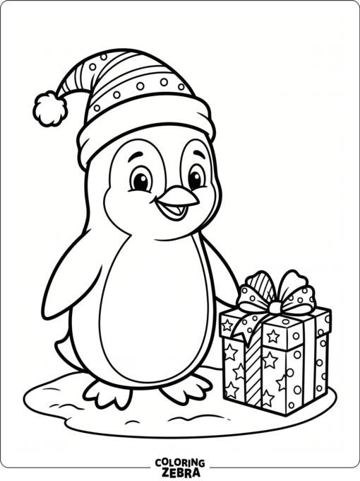 A penguin in a Santa hat beside a present