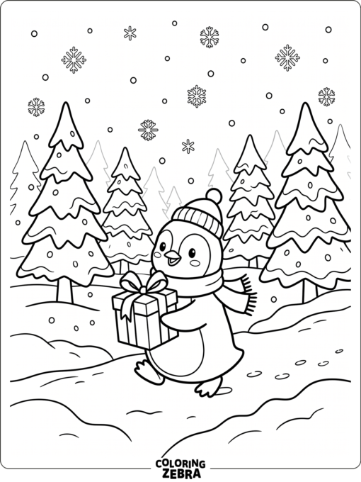 A penguin carrying a gift in the snow