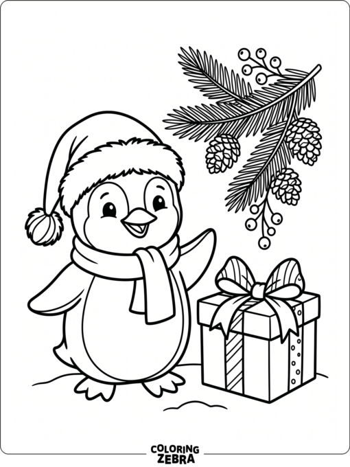 A penguin in a Santa hat next to a gift