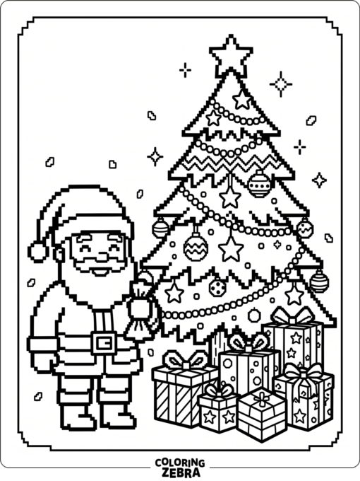 En kantig jultomte, en julgran och julklappar i pixelkonststil