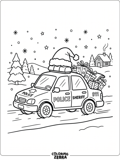 Police car wearing a Santa hat with gifts and snow