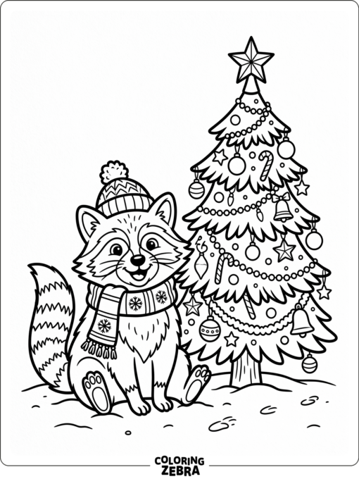 A raccoon in a scarf beside a Christmas tree
