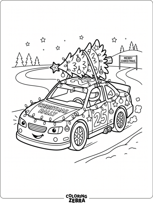A race car with Christmas lights and a tiny tree