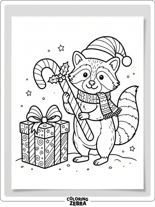 A raccoon holding a candy cane and gift