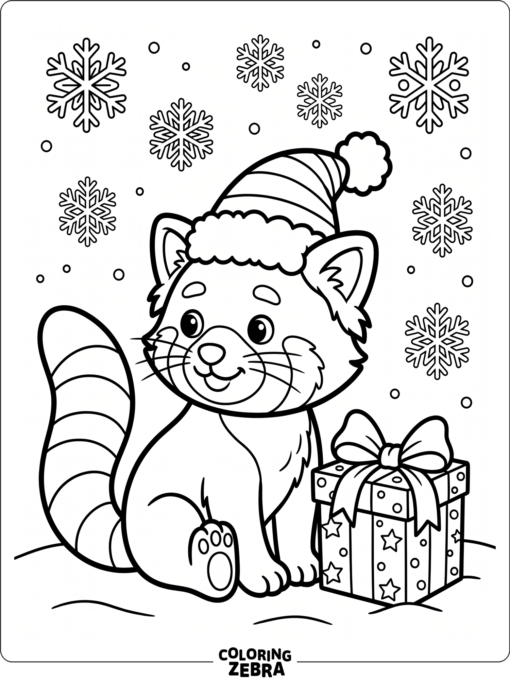 A red panda in a Santa hat beside a gift
