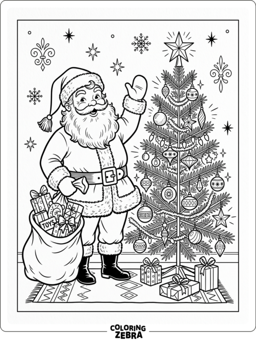 En retro-jultomte bredvid en glänsande julgran från mitten av 1900-talet