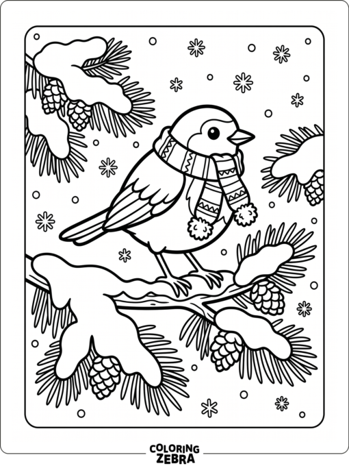 A robin wearing a scarf near a pine branch