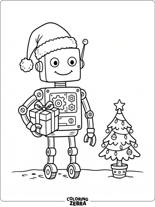 Festive robot with a Santa hat and present