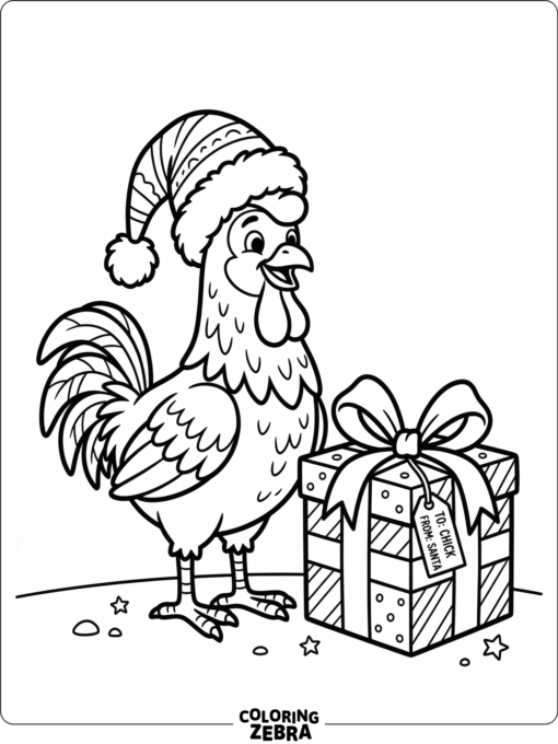 A rooster in a Santa hat next to a gift