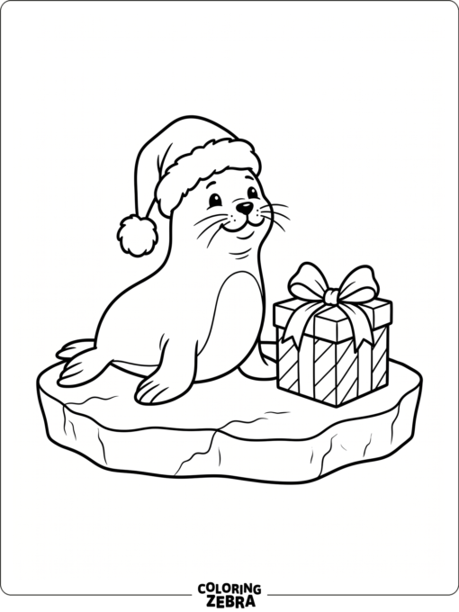 A seal in a Santa hat beside a gift