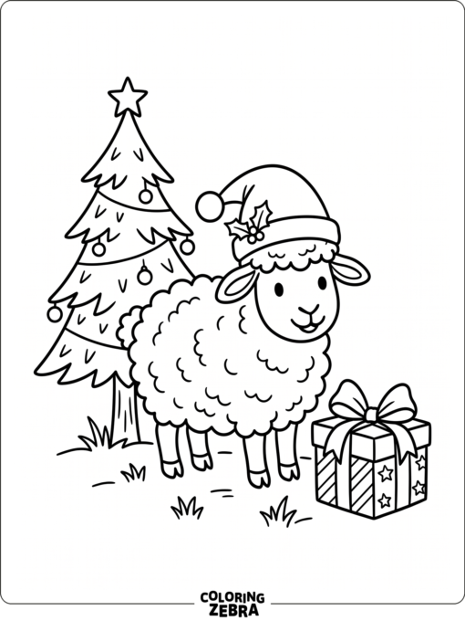 A sheep in a Santa hat with a gift