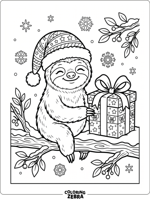 A sloth in a Santa hat next to a gift and snowflakes