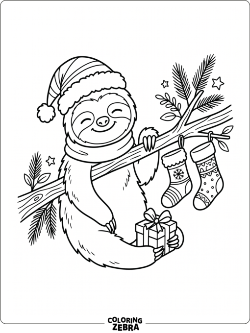 A sloth in a Santa hat with stockings and a gift