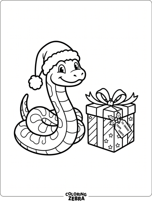 A snake in a Santa hat next to a gift