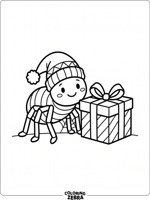 A spider wearing a Santa hat beside a present