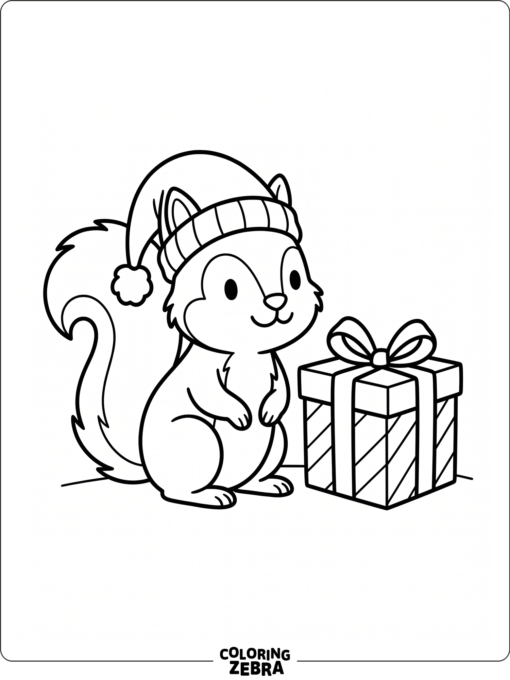 A squirrel in a Santa hat beside a gift