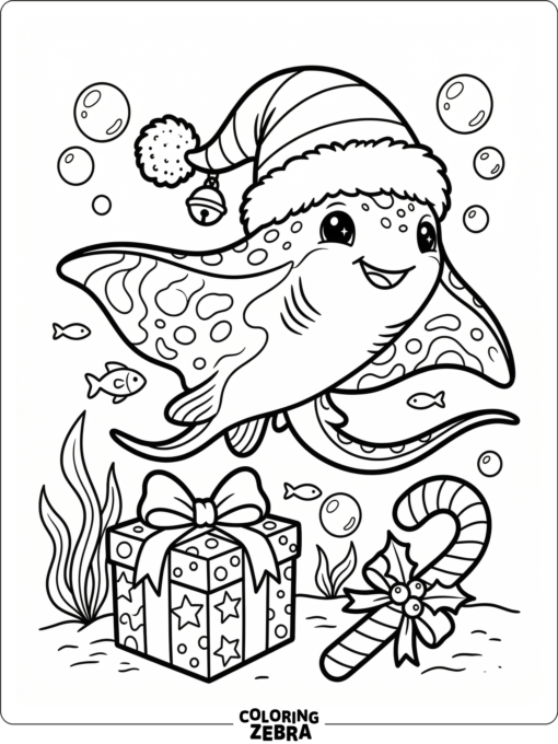 A stingray in a Santa hat near a gift