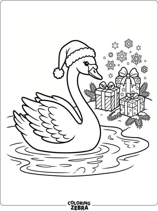 A swan in a Santa hat with gifts and snowflakes