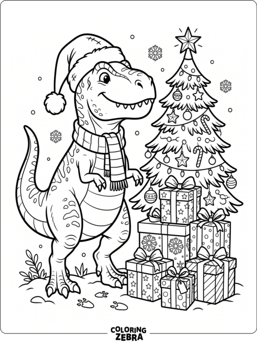 T-Rex med tomteluv och julklappar samt en julgran