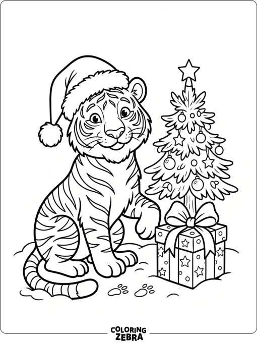 A tiger in a Santa hat with a gift