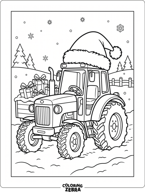 A tractor wearing a Santa hat in snow