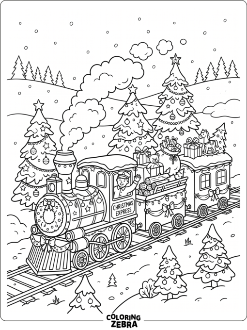 Christmas train with ornaments and gifts