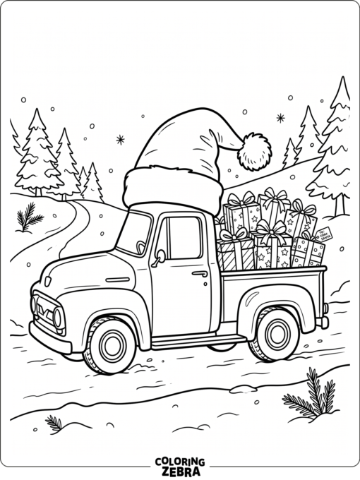 A truck wearing a Santa hat with presents in the bed
