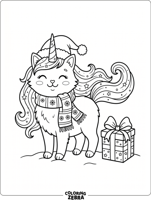 A Christmas unicorn cat with a scarf and present