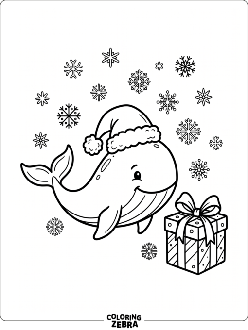 A whale in a Santa hat beside a gift