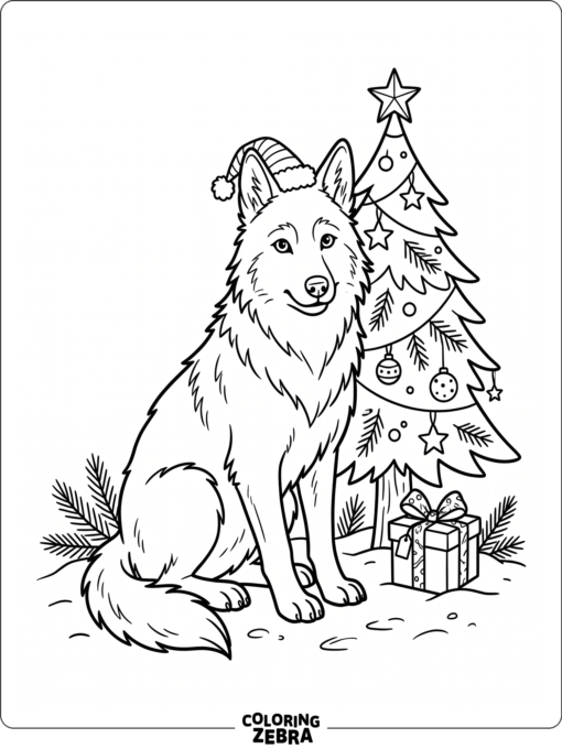 A wolf in a Santa hat by a gift