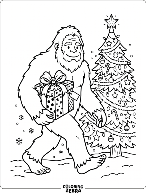 A bigfoot carries a wrapped gift beside a pine tree with bold outlines and open space.