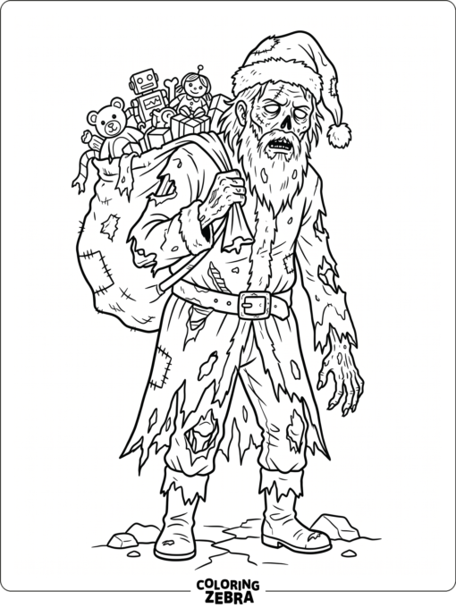 A zombie Santa with a torn coat and gift sack
