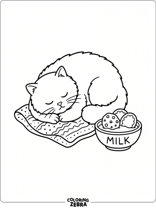 A chubby cat sleeping beside milk and cookies