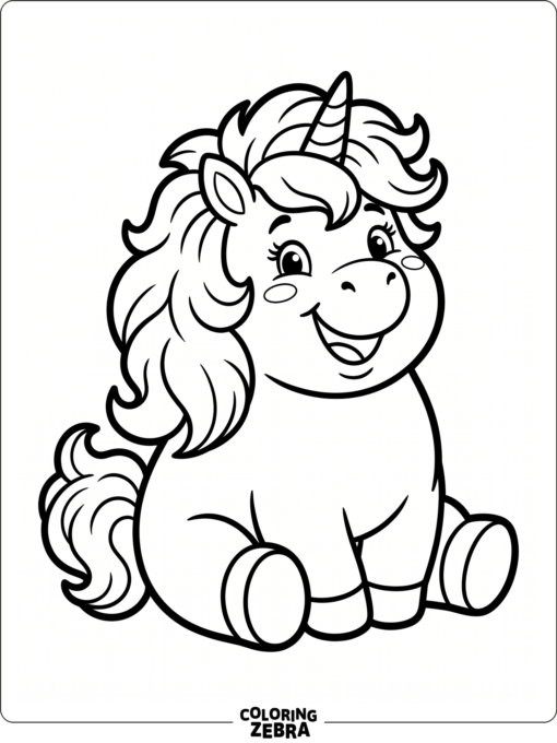 A chubby unicorn sits with a fluffy mane