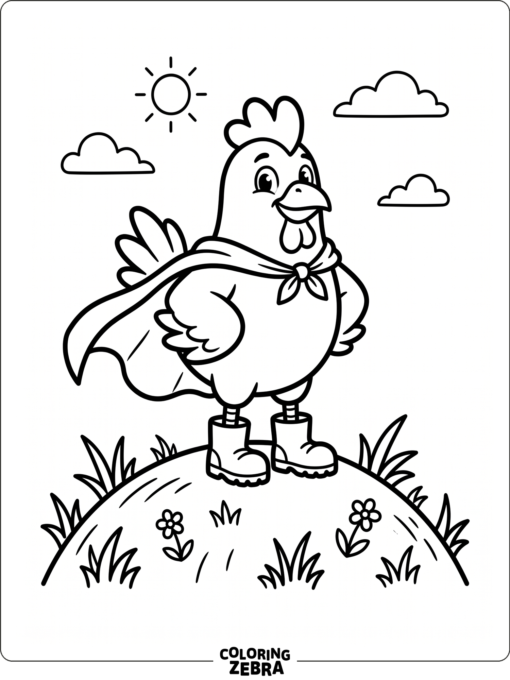 A caped cartoon chicken standing on a hill