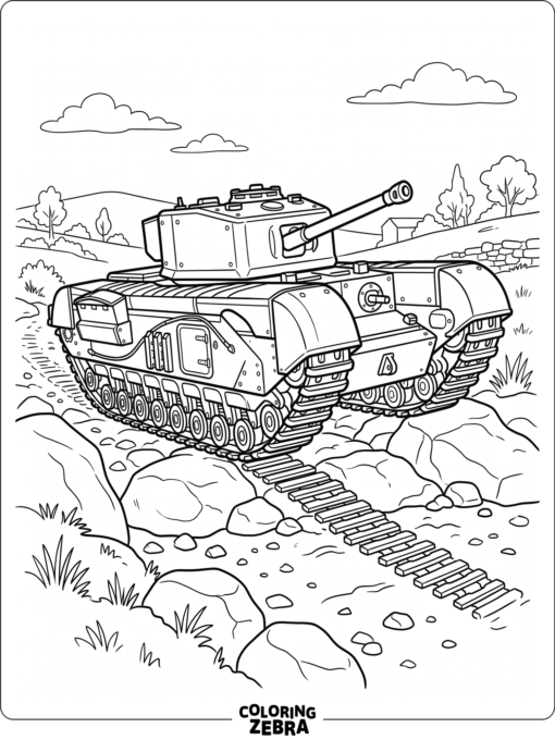 A Churchill tank crossing a rocky path