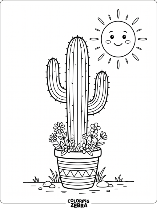 Potted cactus with flowers and a bright sun
