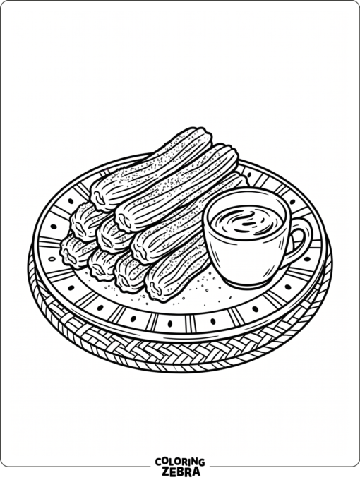 Churros on a plate with a dipping cup