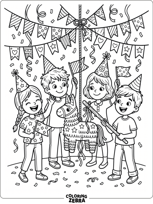 Happy kids at a Cinco de Mayo party with flags